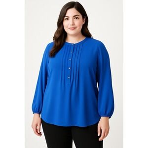 CeCe XL Blue Long Sleeve Blouse Pleated Front Button Top Womens Tunic Office